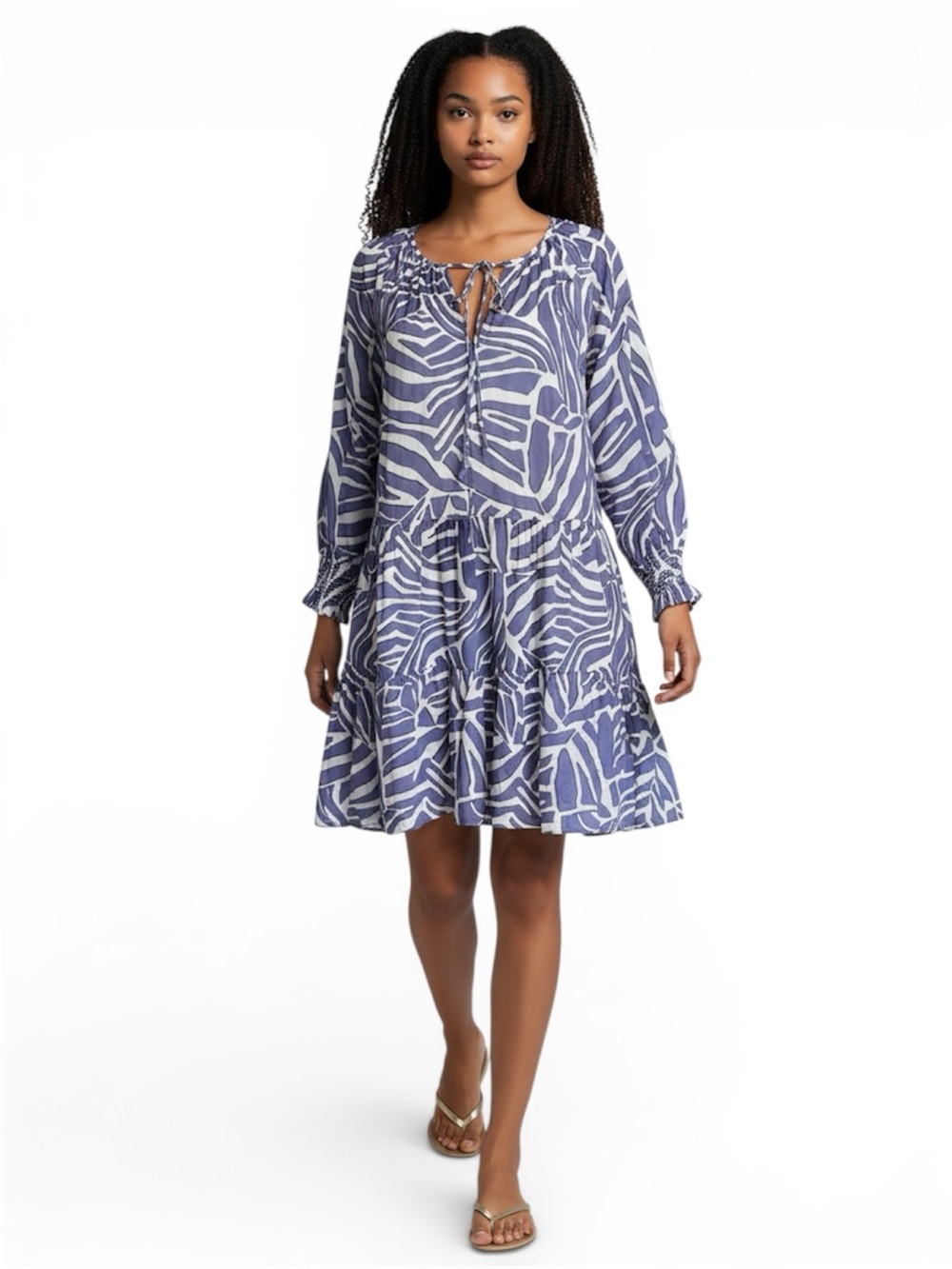Rails Blue White Abstract Print Mini Dress Long Sleeve Tiered Boho Dress Size S